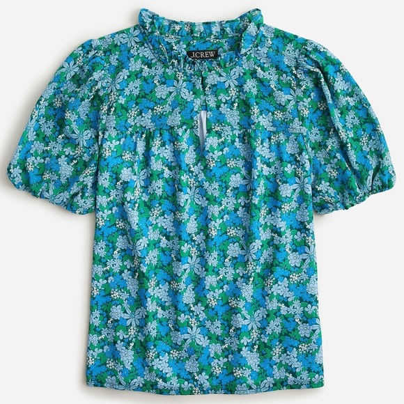 J. Crew Ruffle Trim Short Sleeve Top Hyacinth Fields XS blue floral blouse flowy - Picture 1 of 12